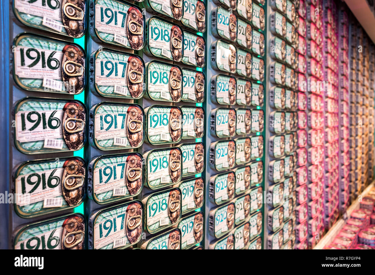 Lisbon, Portugal - July 9th, 2018: Perspective view of Fish Cans For Sale at a polular Sardines Store in Lisbon, Portugal. Stock Photo