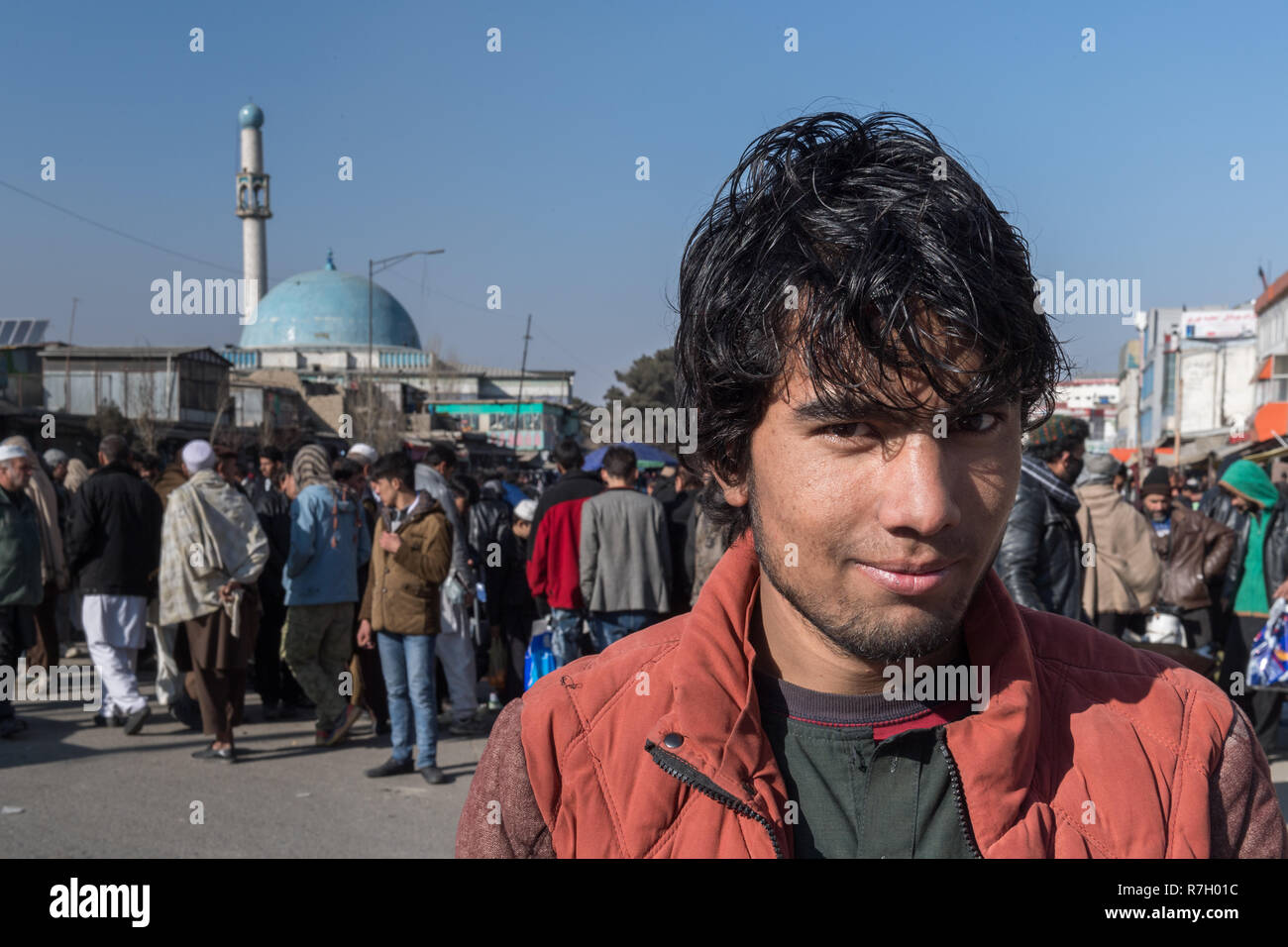 Young Man In Front Of Pul-e Kheshti Mosque, Said to be Osama Bin Laden's Favourite Mosque, Kabul, Kabul Province, Afghanistan Stock Photo