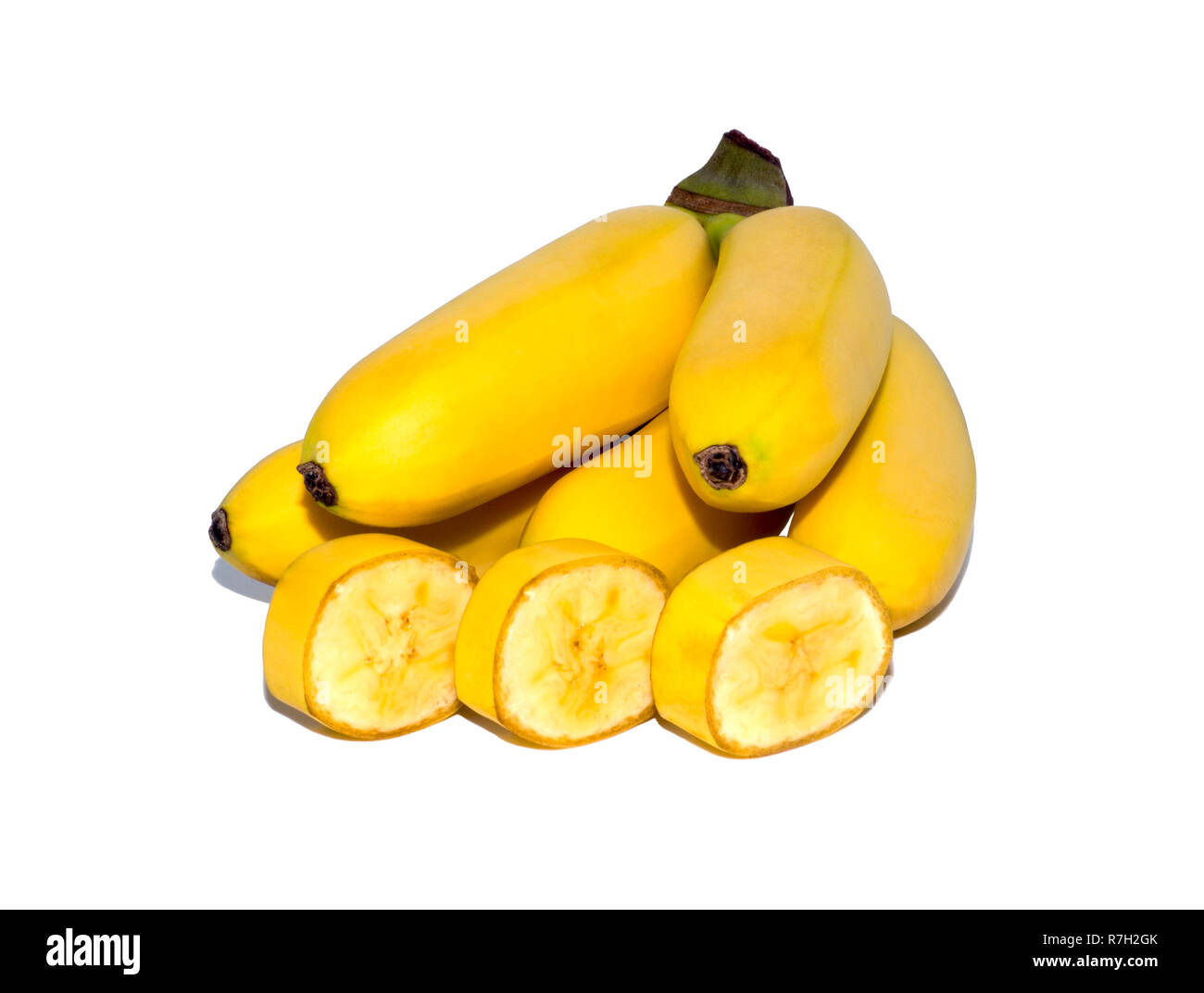 yellow ripe mini bananas isolated on white background. object, fruit