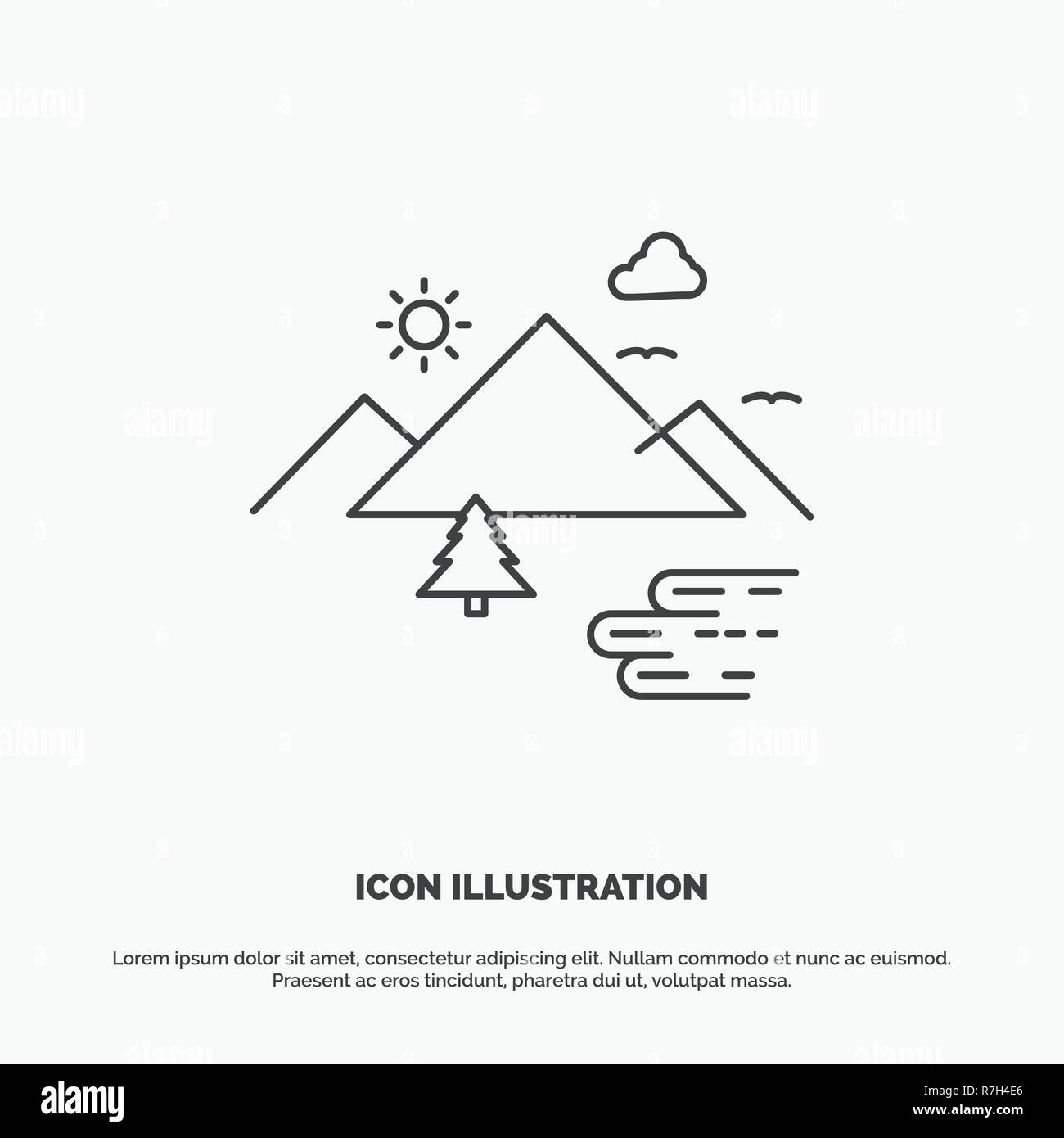 Mountains, Nature, Outdoor, Clouds, Sun Icon. Line vector gray symbol for UI and UX, website or mobile application Stock Vector