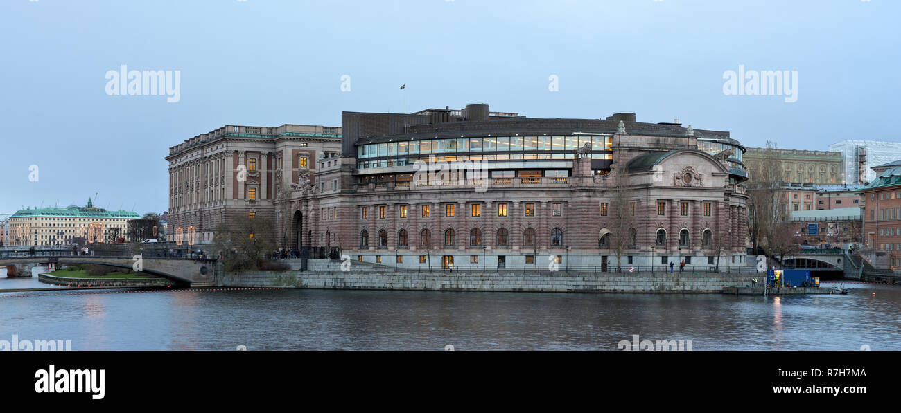 Government house (Riksdagshuset) in Stockholm, Sweden, in the evening Stock Photo