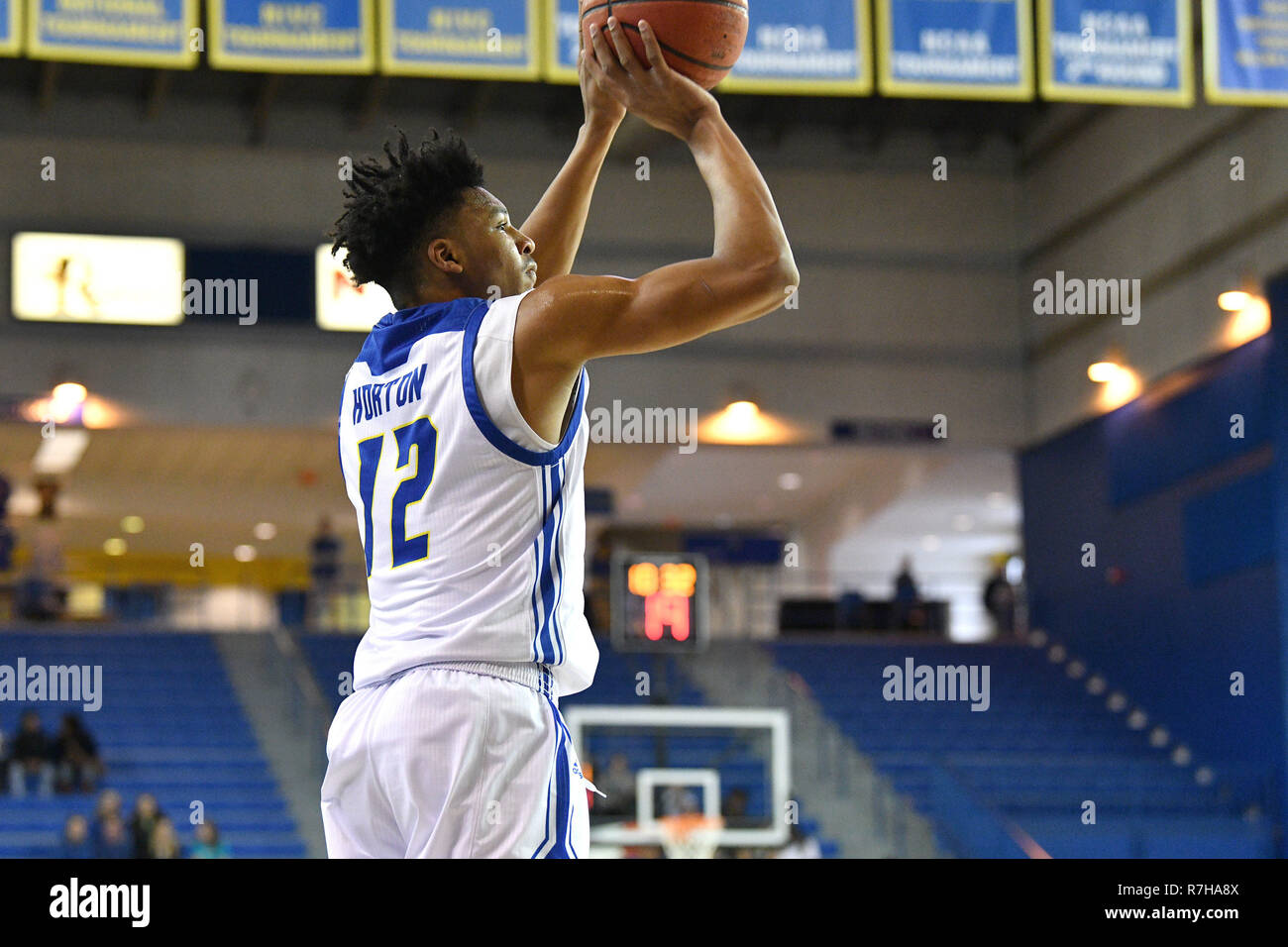 Newark, Delaware, USA. 9th Dec, 2018. Delaware Fightin Blue Hens guard ITHIEL HORTON (12) shoots a jumper during the basketball game played at the Bob Carpenter Center in Newark, DE. The Blue Hens beat the Red Flash 88-83. Credit: Ken Inness/ZUMA Wire/Alamy Live News Stock Photo