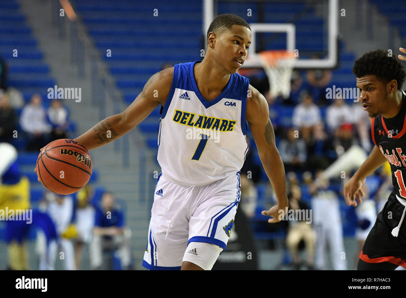 Newark, Delaware, USA. 9th Dec, 2018. Delaware Fightin Blue Hens guard  KEVIN ANDERSON (1) shown during the basketball game played at the Bob  Carpenter Center in Newark, DE. The Blue Hens beat