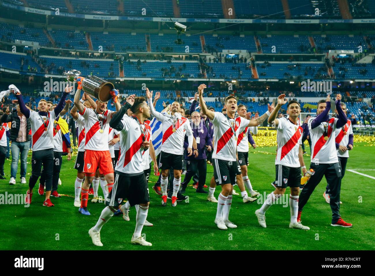 Players of River Plate celebrate after they won the Final of Copa CONMEBOL Libertadores 2018 at Estadio Santiago Bernabeu in Madrid. River Plate won the title of Copa Libertadores 2018 by beating Boca Juniors. (Final score River Plate 3-1 Boca Juniors) Stock Photo
