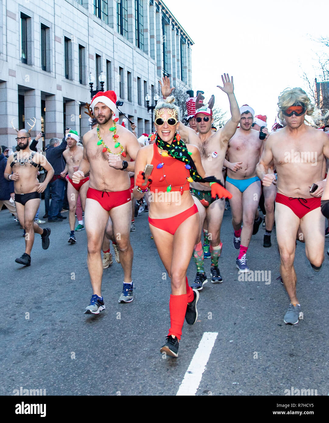 December 8, 2018, Boston, Massachusetts, USA: Runners participate annual Santa  Speedo Run in Boston Stock Photo - Alamy