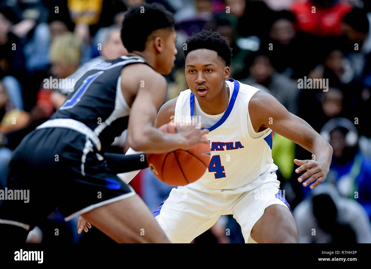 Hyattsville, Maryland, USA. 8th Dec, 2018. December 9, 2018: DeMatha senior Jamir Young guards IMG Academy junior Noah Farrakhan during the ARS Rescue Rooter National Hoopfest at DeMatha High School in Hyattsville, Maryland on December 9, 2018. In action between nationally ranked heavyweights. #1 Montverde defeated #11 St. Paul VI 57-50 and #2 IMG Academy defeated #6 DeMatha 73-67 Scott Serio/Eclipse Sportswire/CSM/Alamy Live News Stock Photo