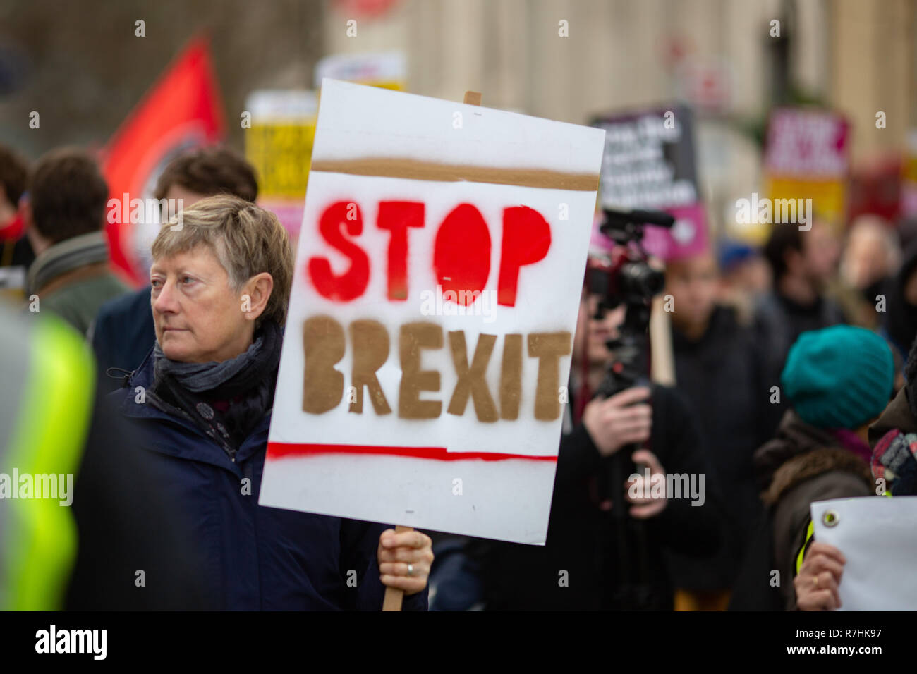 An Anti-Facist demonstrator holds up a 'Stop Brexit' sign.  3,000 Pro-Brexit demonstrators and 15,000 Anti-Facist counter demonstrators took to the streets of London to voice their stance on the deal ahead of the key Brexit vote in parliament this Tuesday. Stock Photo