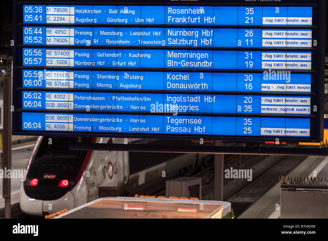 Munich, Germany. 10th Dec, 2018. The information display panel shows cancelled  trains at Munich's main station. The Railway and Transport Union (EVG) has  called for a nationwide warning strike after the end