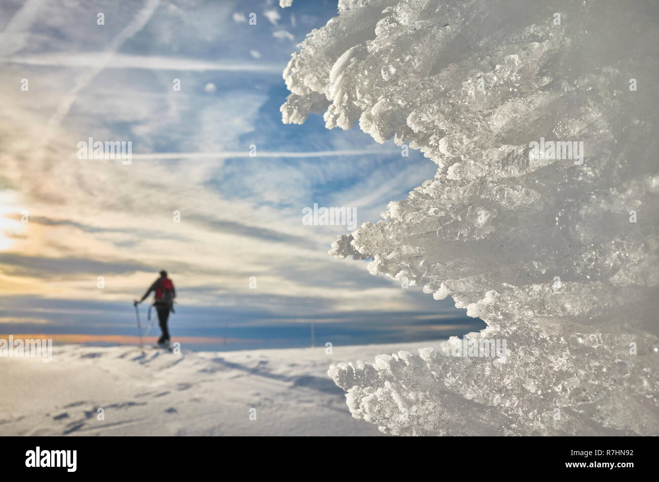 Natural ice formations at sunset, cross-country skier silhouette in distance, selective focus. Stock Photo