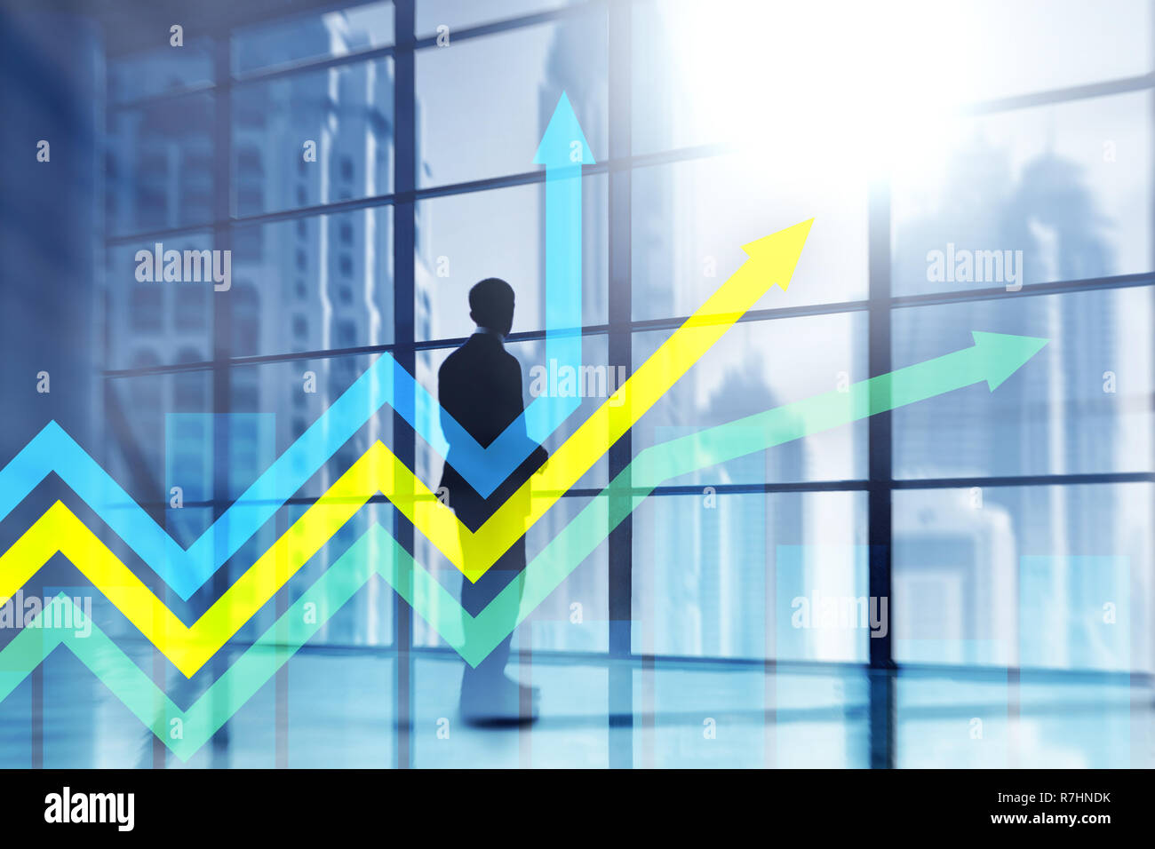 Financial growth arrows graph. Investment and trading concept. Stock Photo