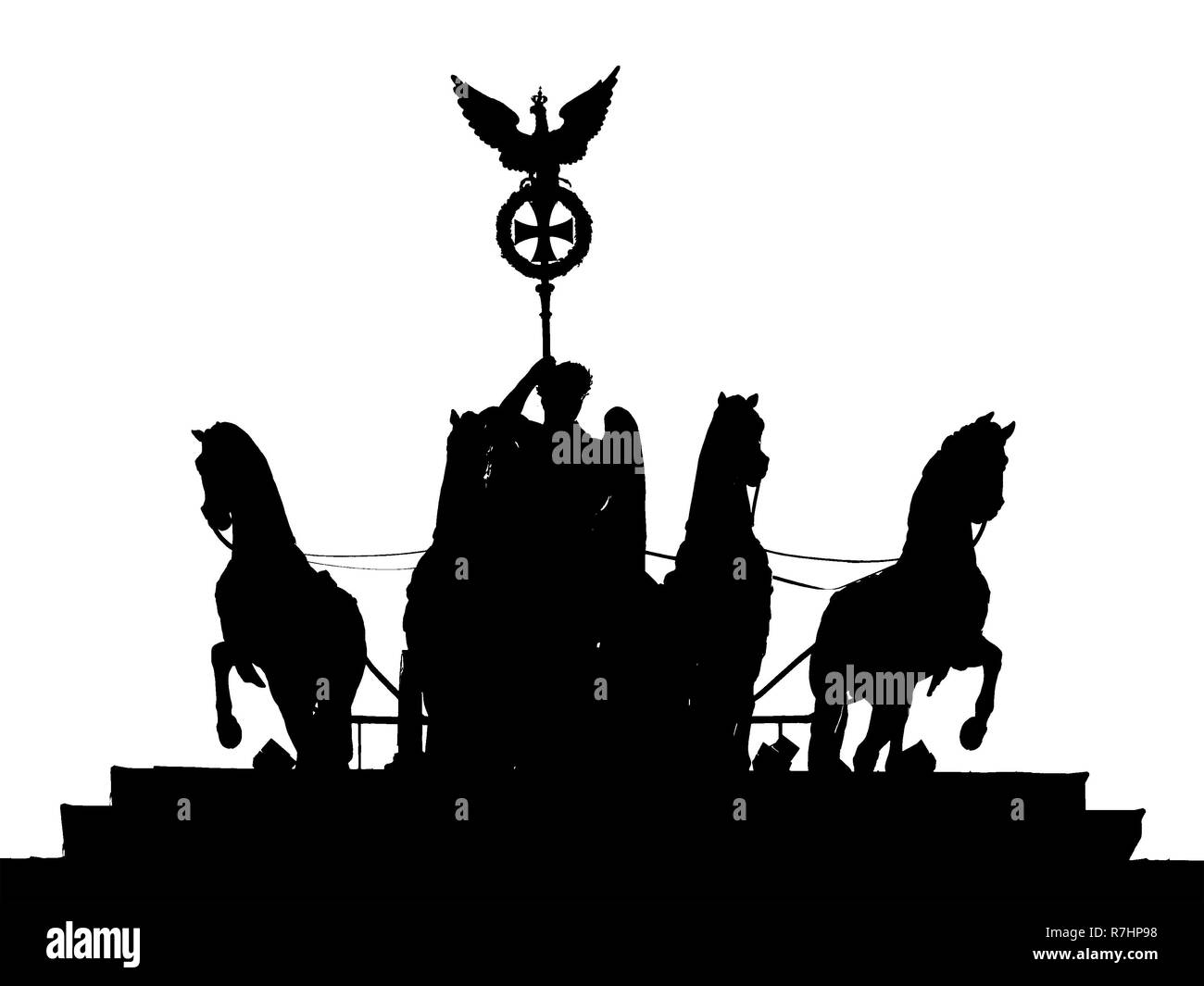 Silhouette Of The Quadriga of Brandenburg Gate In Berlin, Germany, Black And White Stock Photo