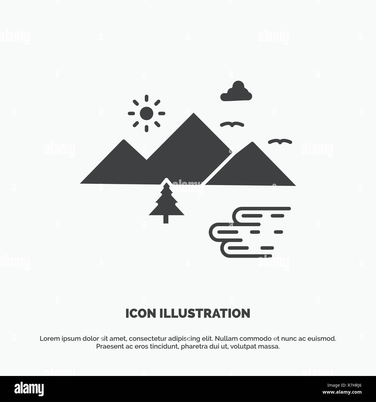 Mountains, Nature, Outdoor, Clouds, Sun Icon. glyph vector gray symbol for UI and UX, website or mobile application Stock Vector