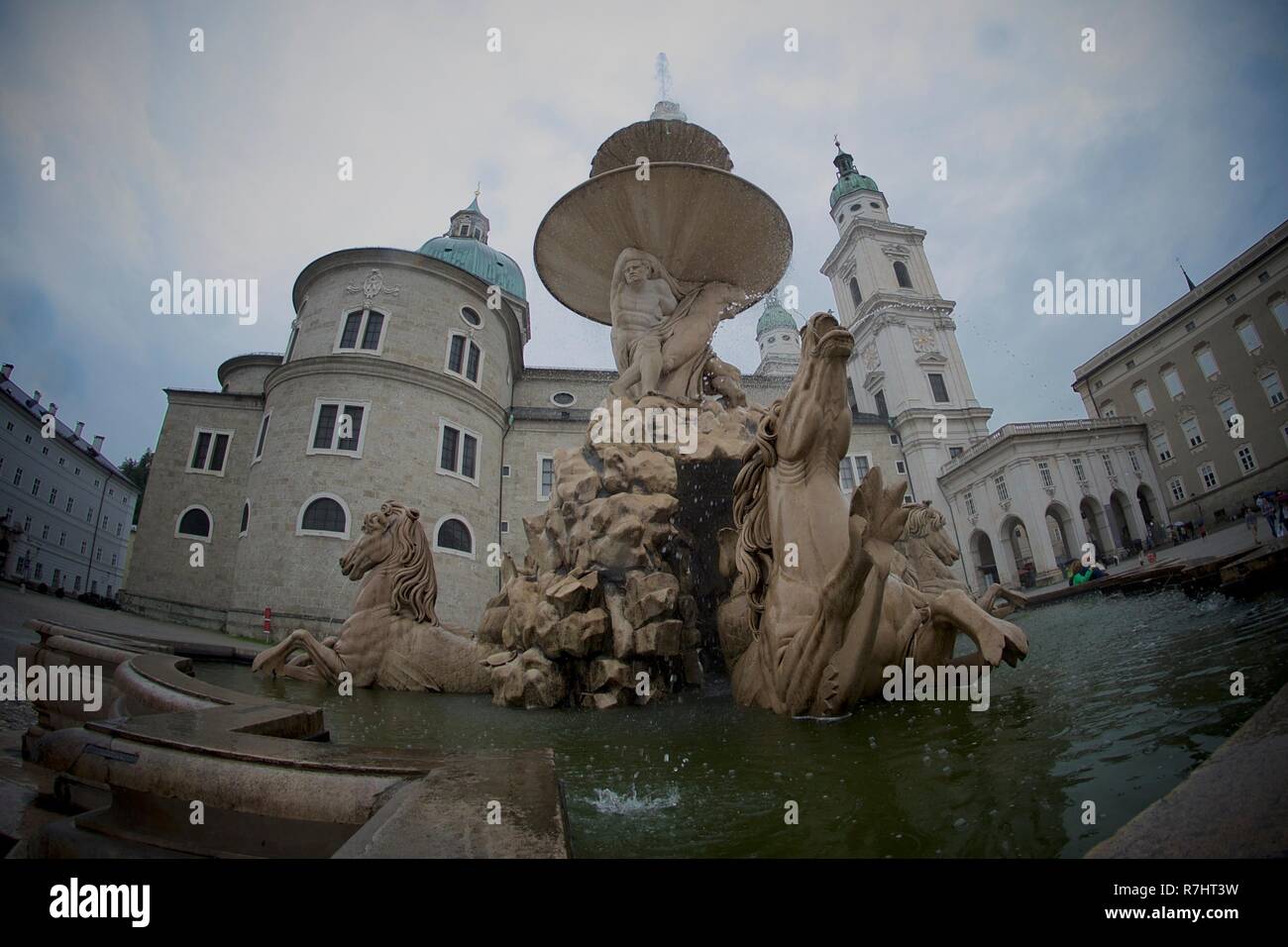 Brunnen am Salzburger Residenzplatz (English: Fountain on Salzburg's Residence Square). Stock Photo