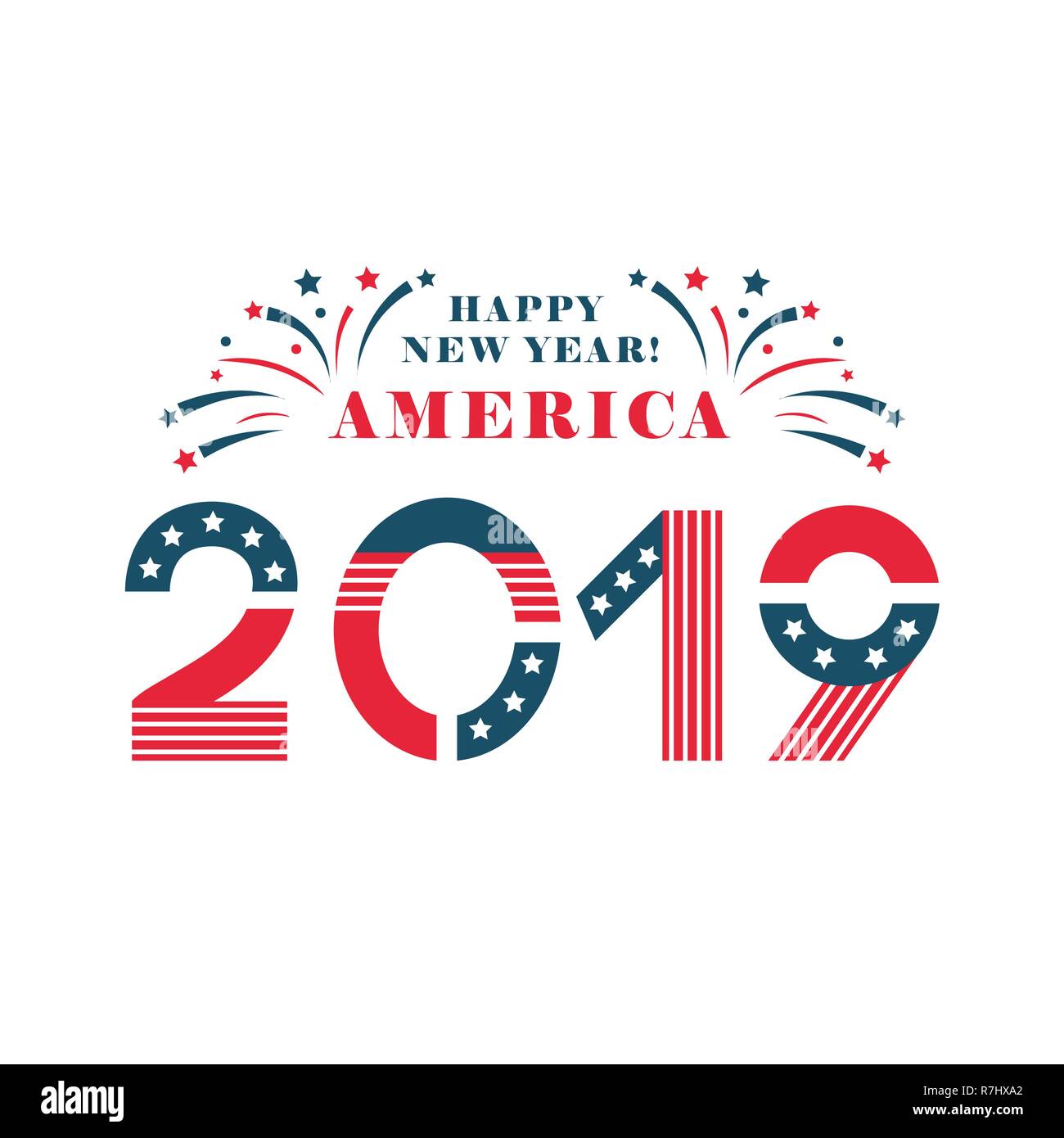 Happy New Year America. 2019 Letters in national flag design Stock Vector