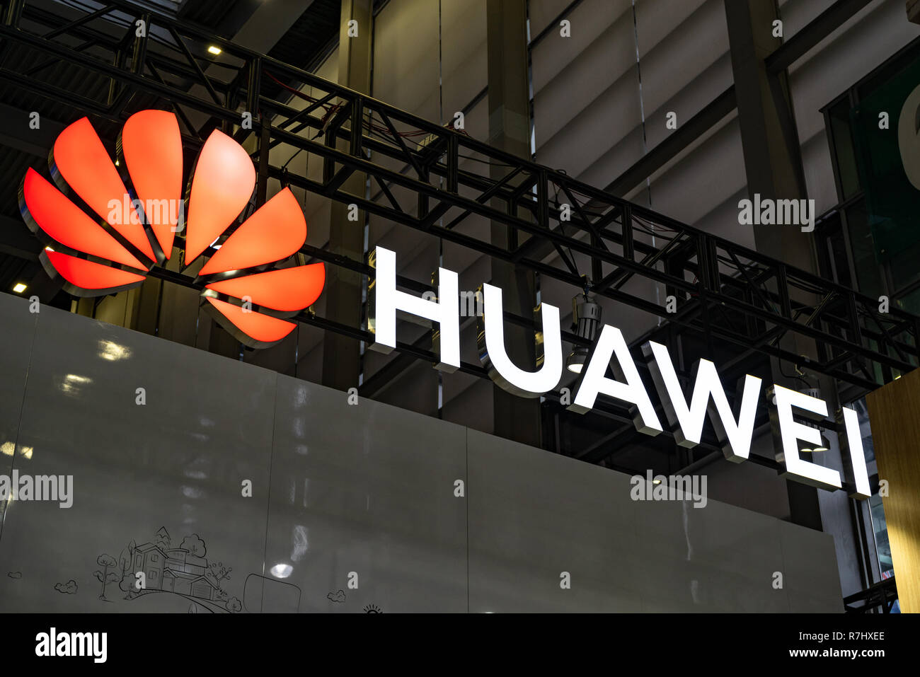 Huawei logo and name seen on an exhibition booth in Shenzhen, China Stock Photo