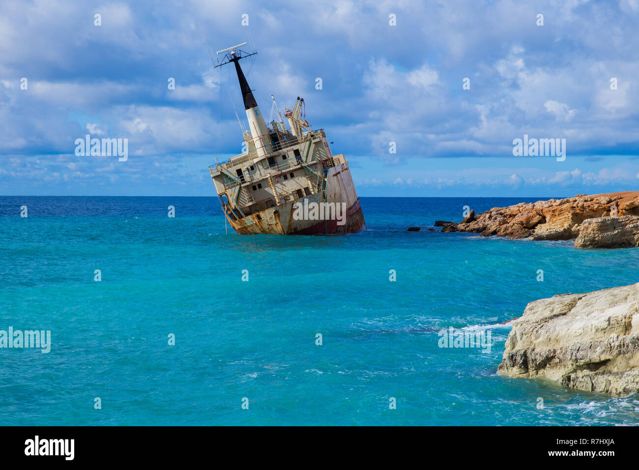 City Paphos, Cyprus. Old ship wreck and blue water beach. Travel photo 2018, december. Landscape and nature. Stock Photo