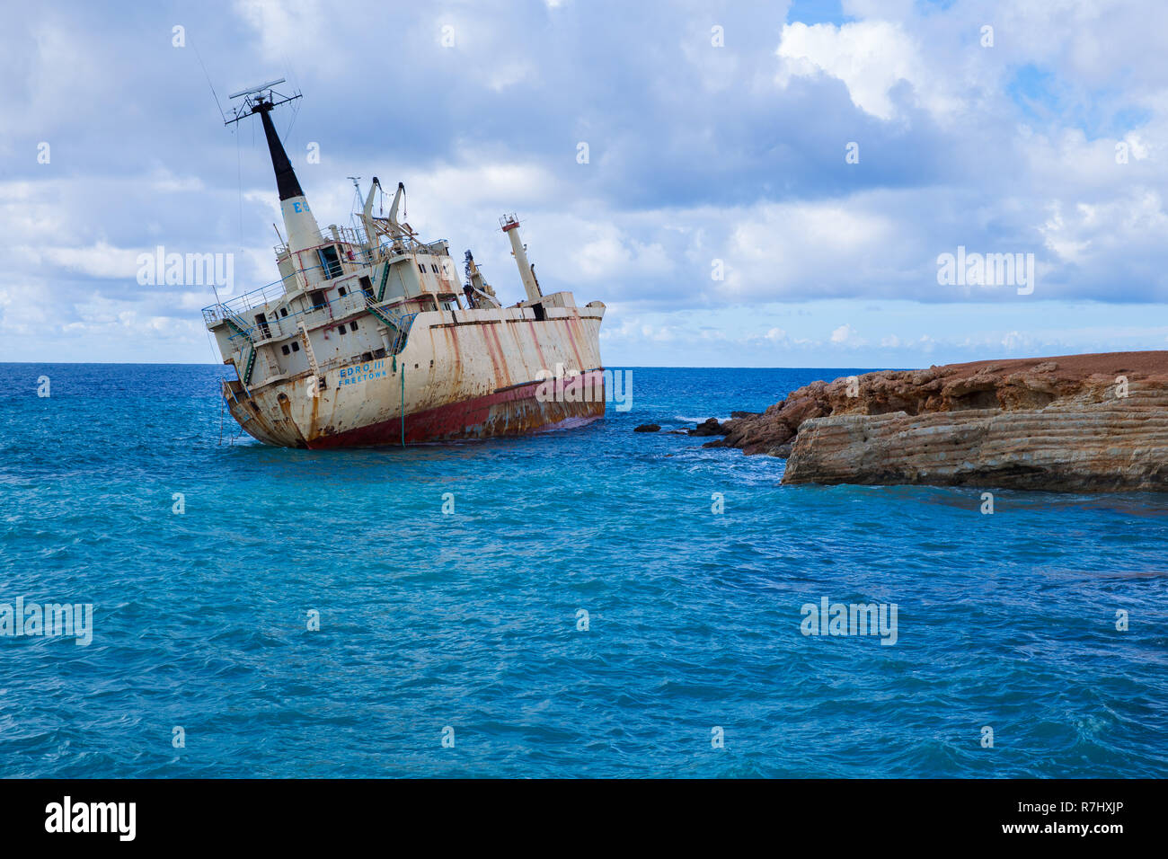 City Paphos, Cyprus. Old ship wreck and blue water beach. Travel photo 2018, december. Landscape and nature. Stock Photo