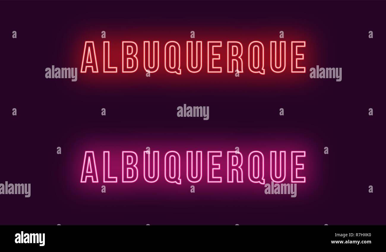 Neon name of Albuquerque city in USA. Vector text of Albuquerque, Neon