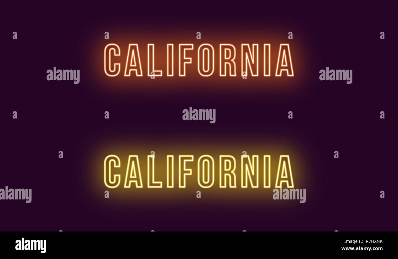 Neon name of California state in USA. Vector text of California, Neon inscription with backlight in Bold style, orange and yellow colors. Isolated glo Stock Vector