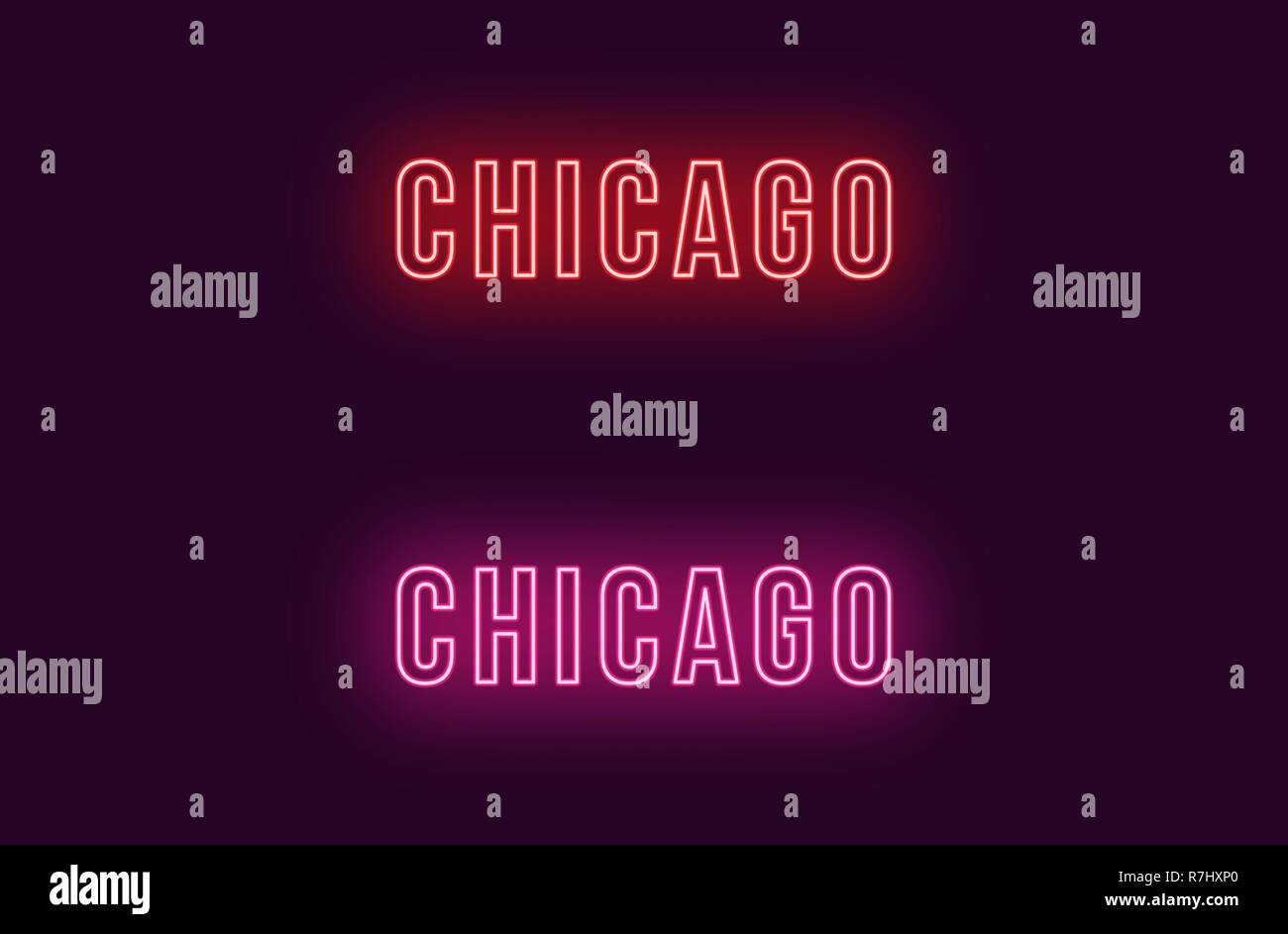 Neon name of Chicago city in USA. Vector text of Chicago, Neon inscription with backlight in Bold style, red and pink colors. Isolated glowing title f Stock Vector