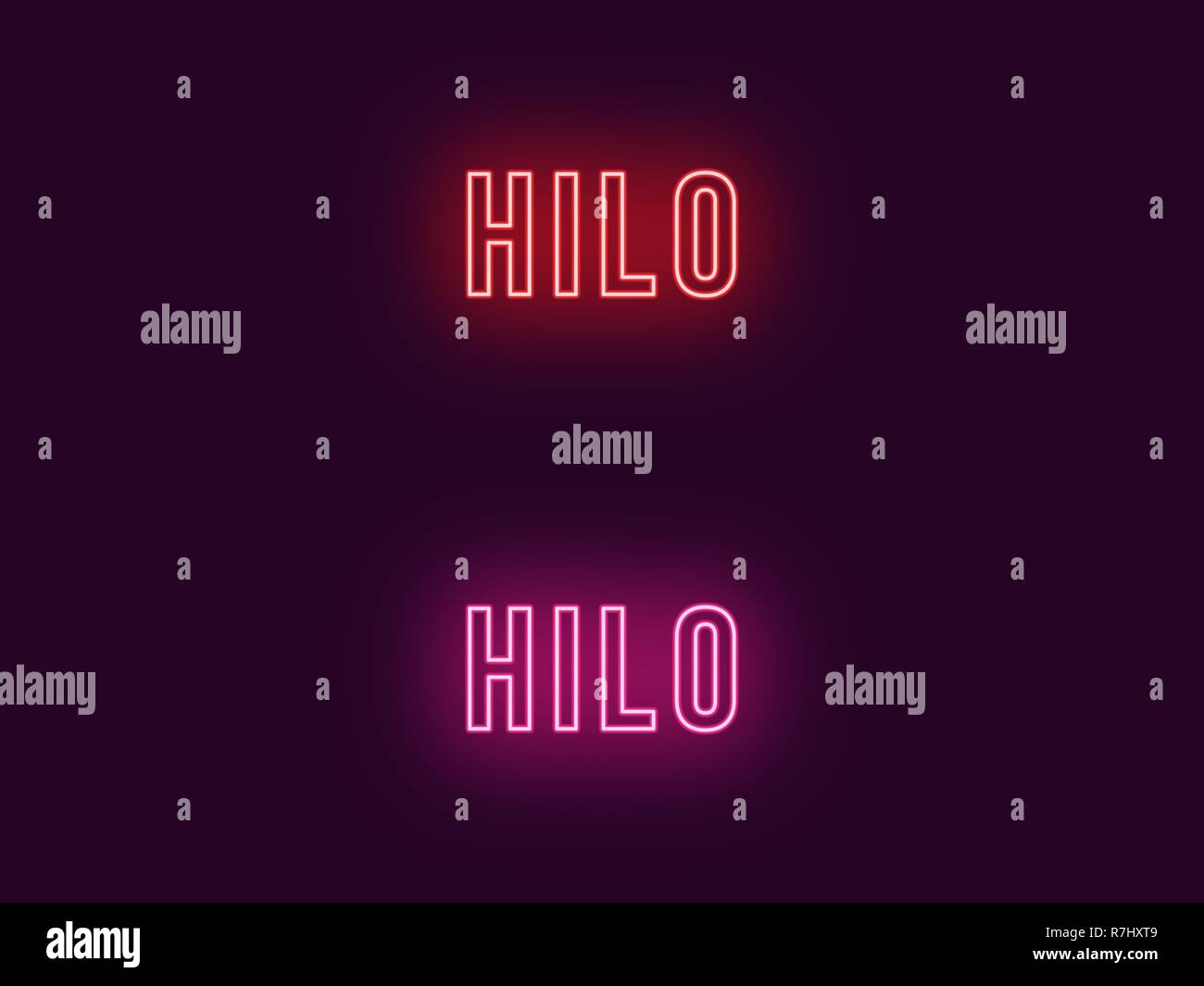 Neon name of Hilo city in Hawaii. Vector text of Hilo, Neon inscription with backlight in Bold style, red and pink colors. Isolated glowing title for  Stock Vector