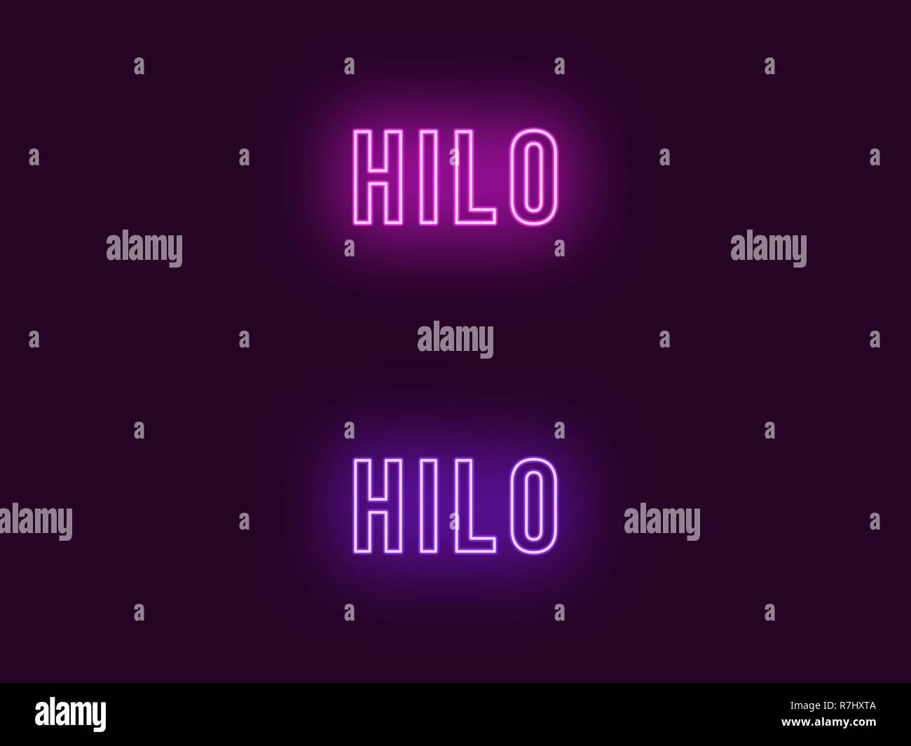 Neon name of Hilo city in Hawaii. Vector text of Hilo, Neon inscription with backlight in Bold style, purple and violet colors. Isolated glowing title Stock Vector