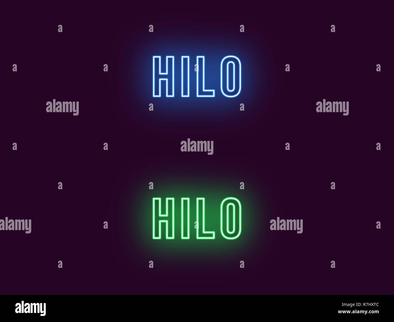 Neon name of Hilo city in Hawaii. Vector text of Hilo, Neon inscription with backlight in Bold style, blue and green colors. Isolated glowing title fo Stock Vector