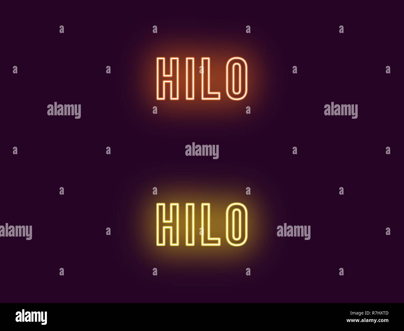 Neon name of Hilo city in Hawaii. Vector text of Hilo, Neon inscription with backlight in Bold style, orange and yellow colors. Isolated glowing title Stock Vector