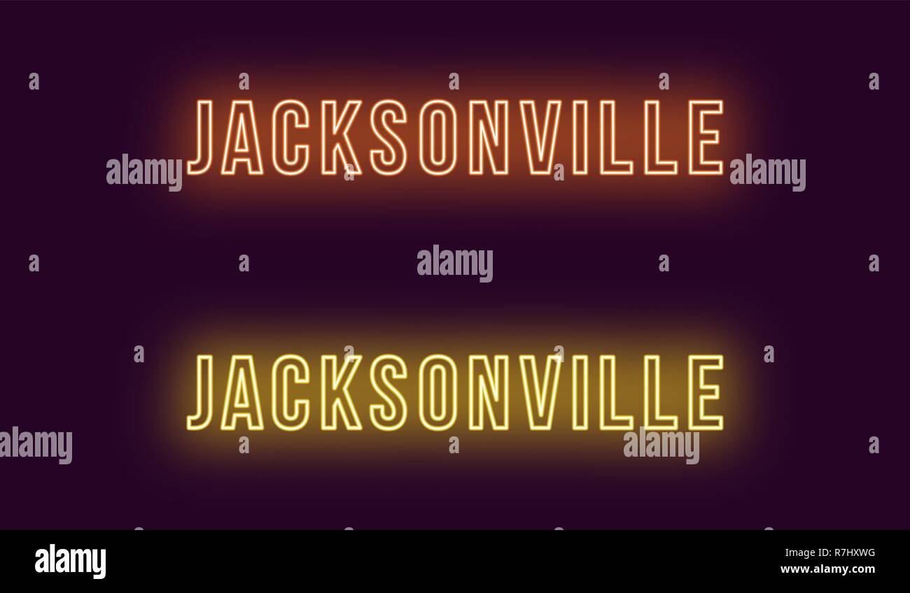 Neon name of Jacksonville city in USA. Vector text of Jacksonville