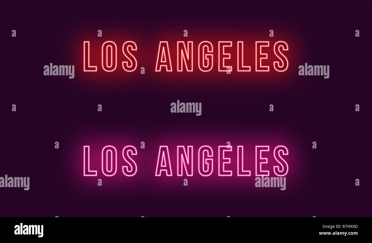 Neon name of Los Angeles city in USA. Vector text of Los Angeles, Neon