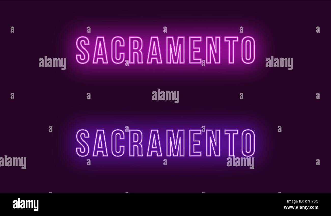 Neon name of Sacramento city in USA. Vector text of Sacramento, Neon inscription with backlight in Bold style, purple and violet colors. Isolated glow Stock Vector