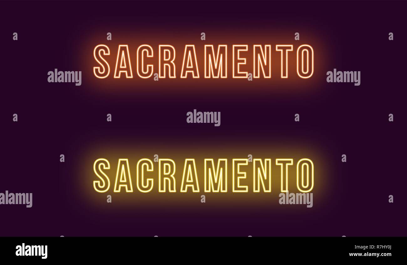 Neon name of Sacramento city in USA. Vector text of Sacramento, Neon inscription with backlight in Bold style, orange and yellow colors. Isolated glow Stock Vector