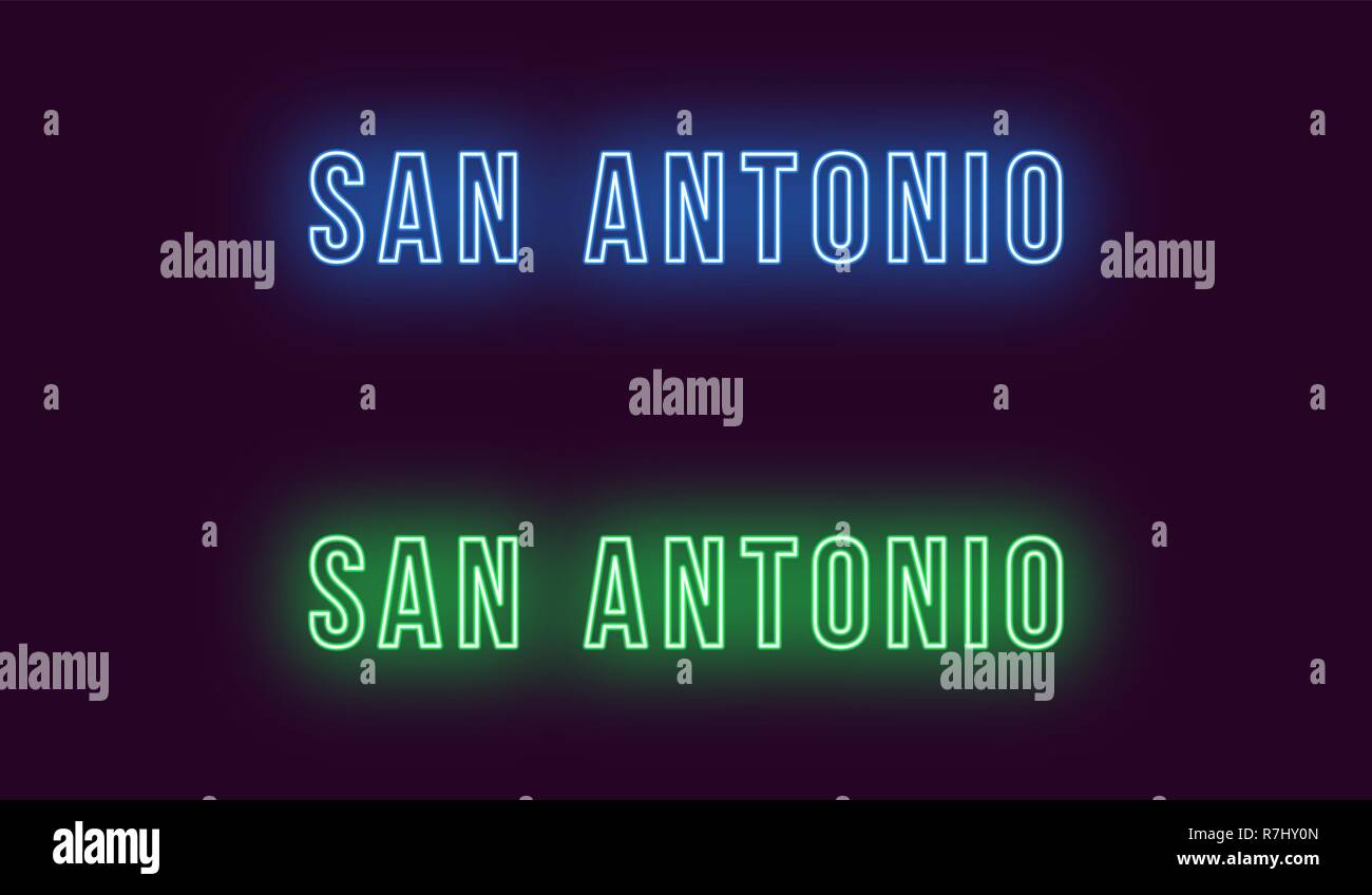Neon name of San Antonio city in USA. Vector text of San Antonio, Neon