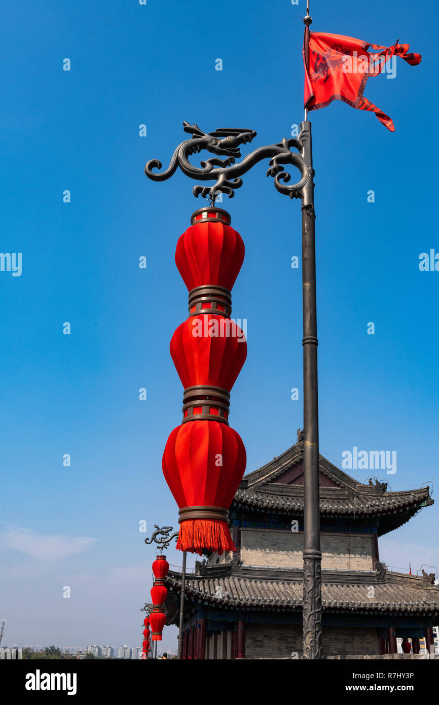 Banner Flag Pole On Xian City Wall With Red Lanterns And Red Flags