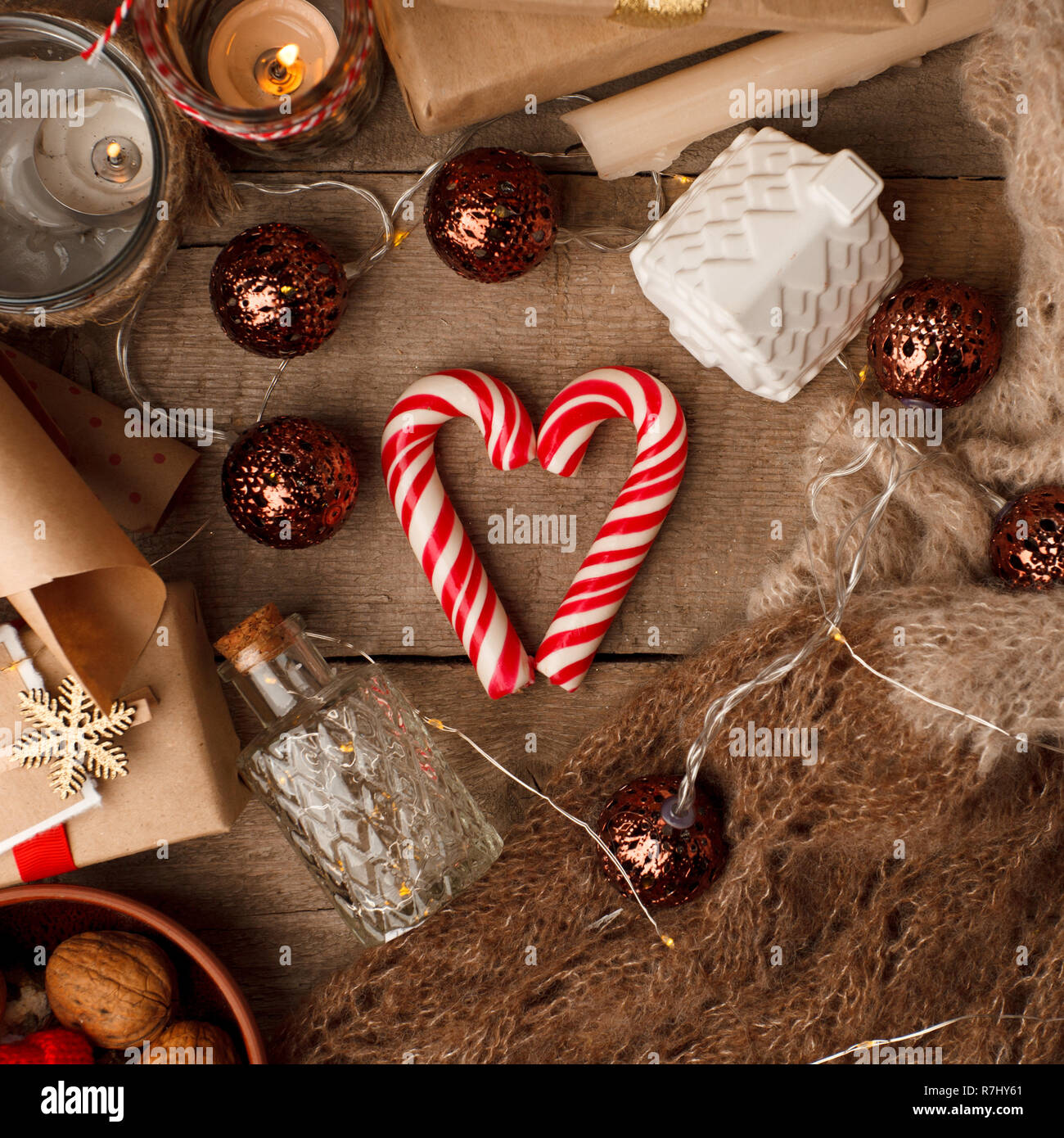 Christmas mood concept. Layout composition with traditional festive attributes, sweetness. Winter holidays season. Background, copy space, close up, t Stock Photo