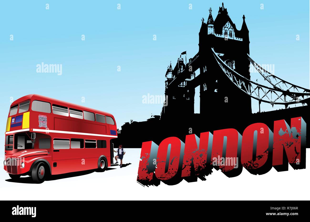 3D word London on Tower bridge and double-decker bus images. Vector illustration Stock Vector