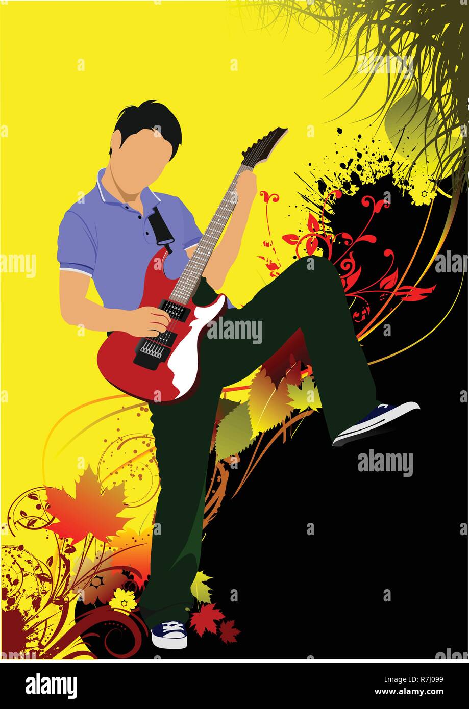 Guitar player on the autumn background. Vector illustration Stock Vector