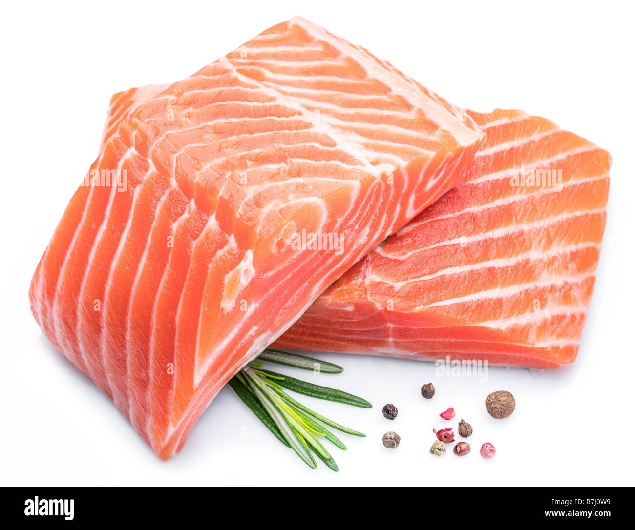 Fresh raw salmon fillets isolated on white background Stock Photo - Alamy