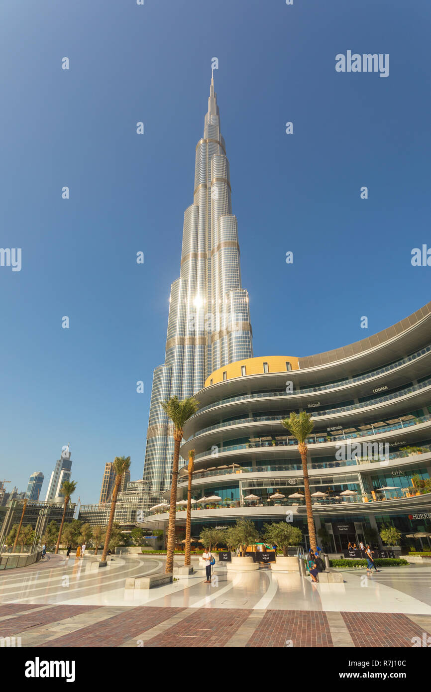 DUBAI, UAE - November 09, 2018: Burj Khalifa tower in daytime. This skyscraper is the tallest man-made structure in the world, measuring 828 m. Stock Photo