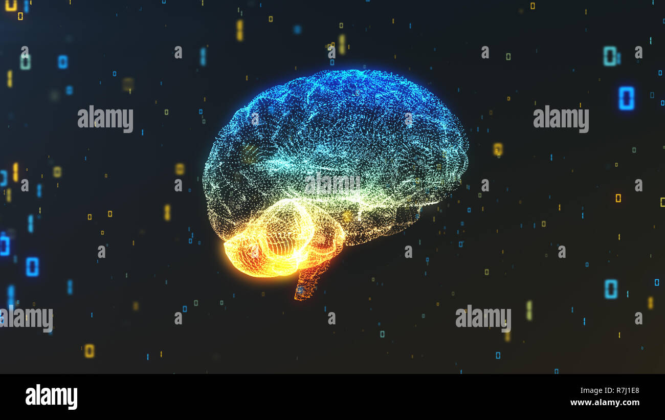 Digital computer brain 3D render floating in cloud of numerical ...