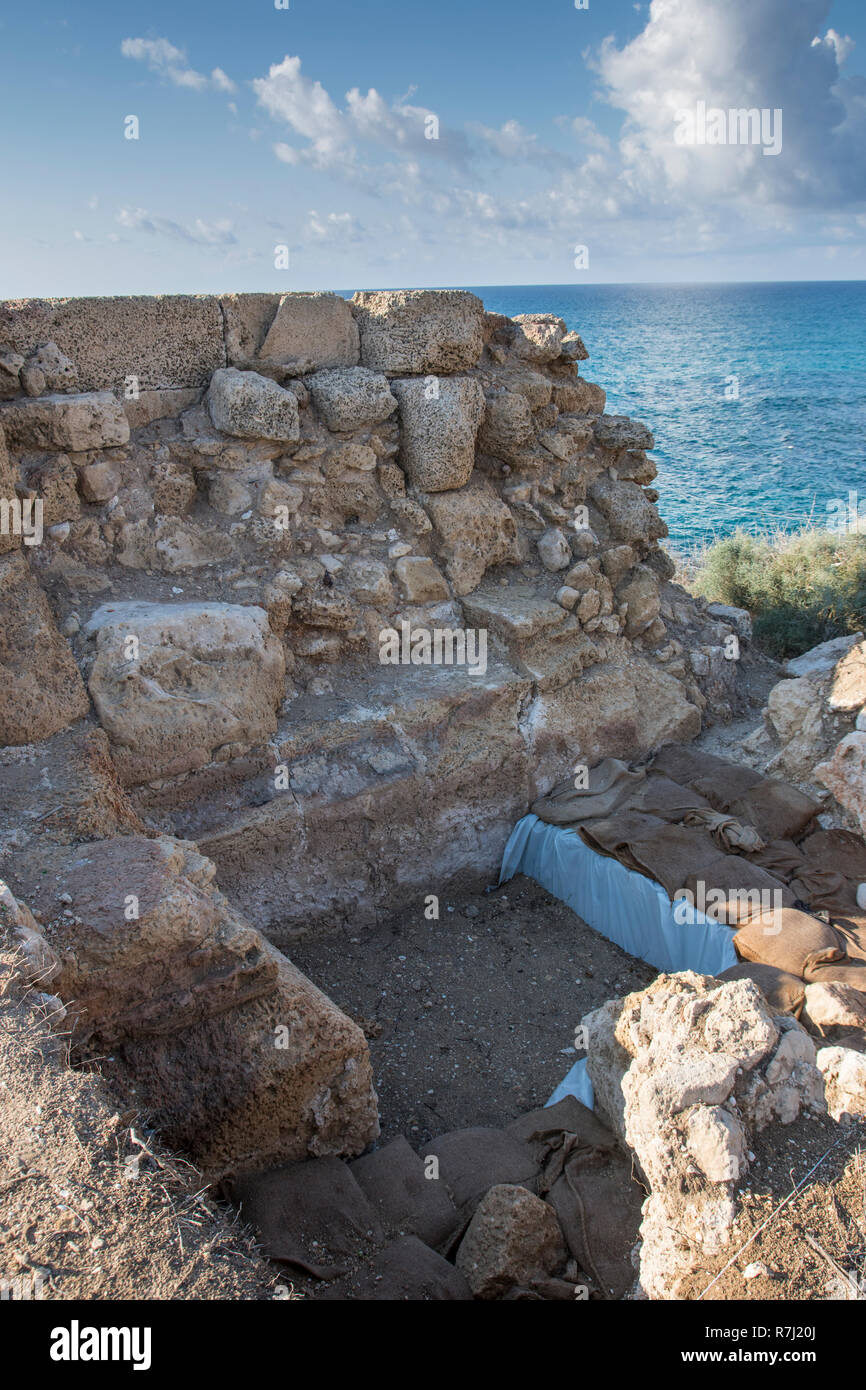Tel Dor (Khirbet el-Burj), is an archeological site located on Israel's Mediterranean coast next to modern moshav Dor, about 30 kilometers south of Ha Stock Photo