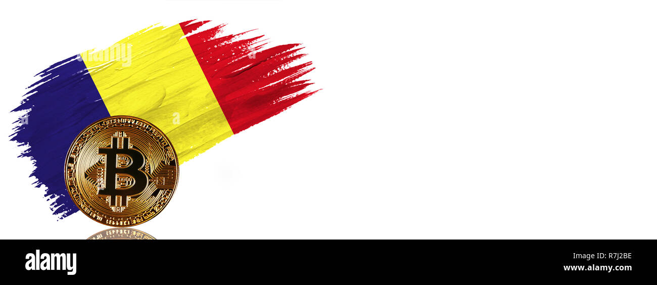 Painted brush stroke in the flag of Romania. Bitcoin cryptocurrency banner with isolated on white background with place for your text. Stock Photo