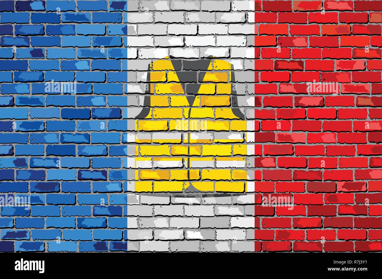 Flag of France with yellow vest on a brick wall - Illustration, Symbol of the protest movement against the French government Stock Vector