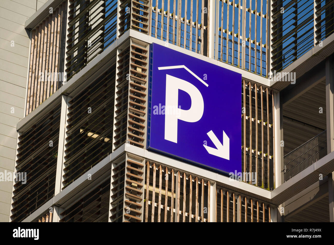 A graphic parking sign with the letter P on a multi-storey car park in Reading, Berkshire. Stock Photo