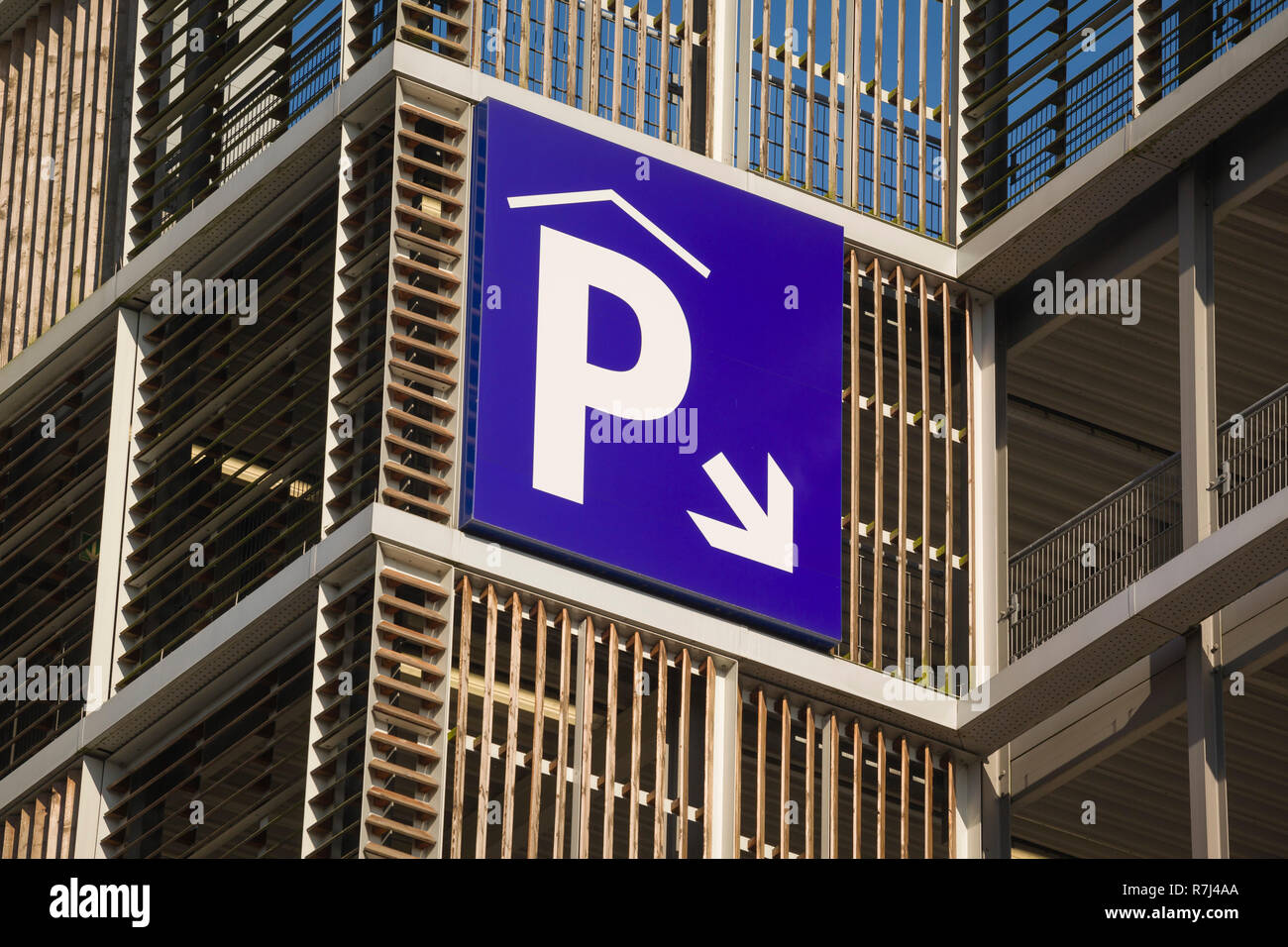 A graphic parking sign with the letter P on a multi-storey car park in Reading, Berkshire. Stock Photo
