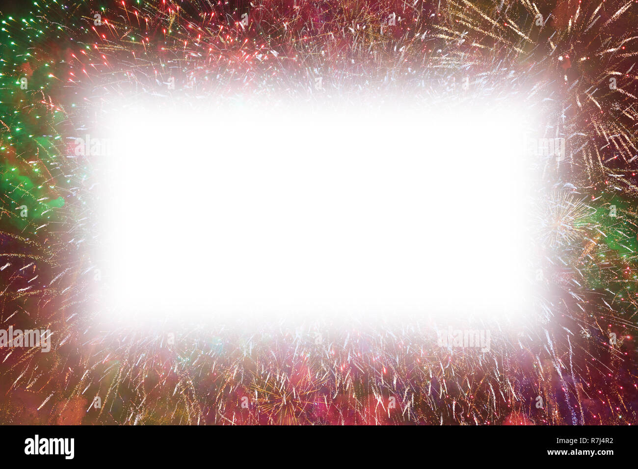 Colorful fireworks with white rectangle glowing edges copy space in the middle Stock Photo
