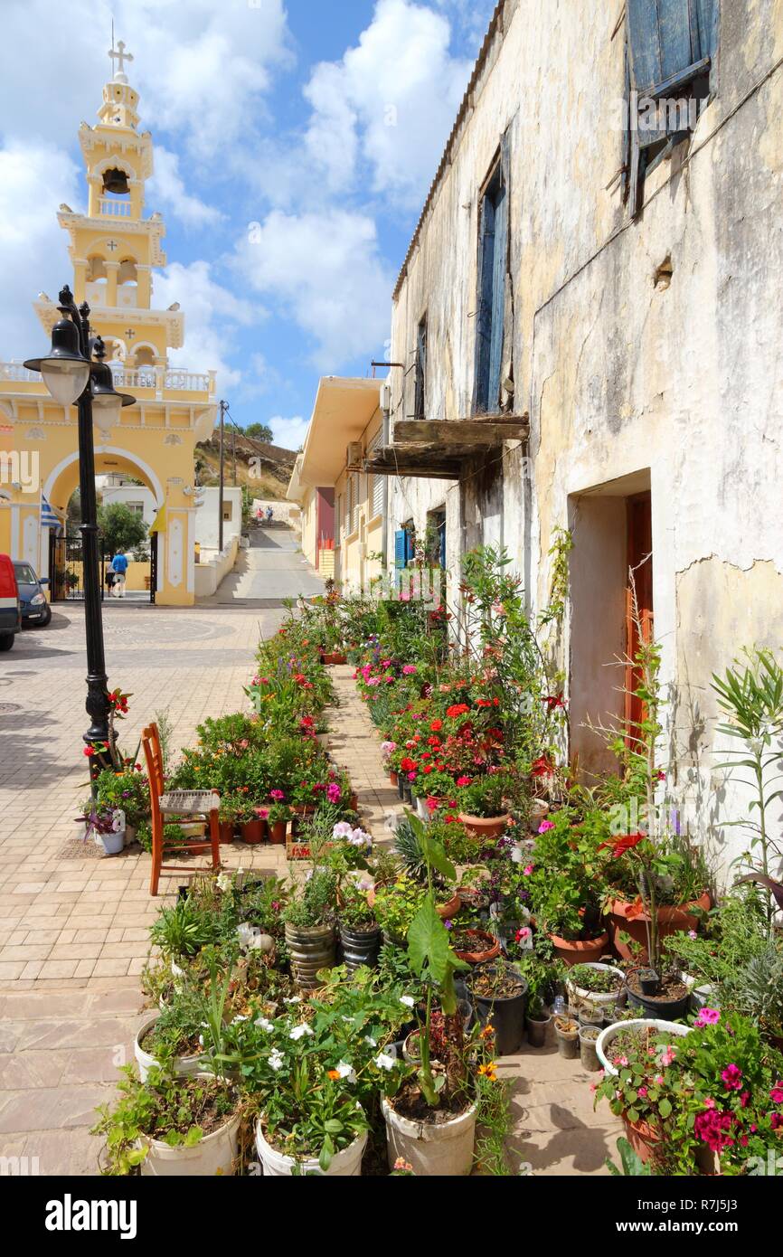 Chania, town on Crete island in Greece. Flowers in old town of Paleochora (or Palaiochora). Stock Photo