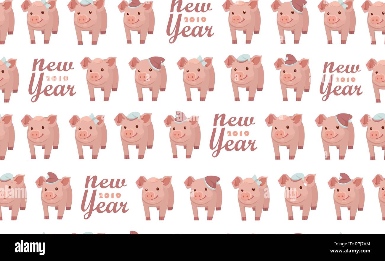 Seamless pattern with pigs, vector textile fabric print. New year 2019 Stock Vector