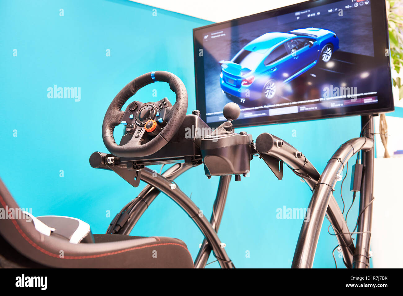 Modern racing simulator and monitor Stock Photo