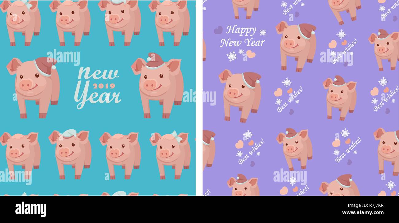 Vector set collection. Seamless patterns with pigs on blue and purple backgrounds Stock Vector